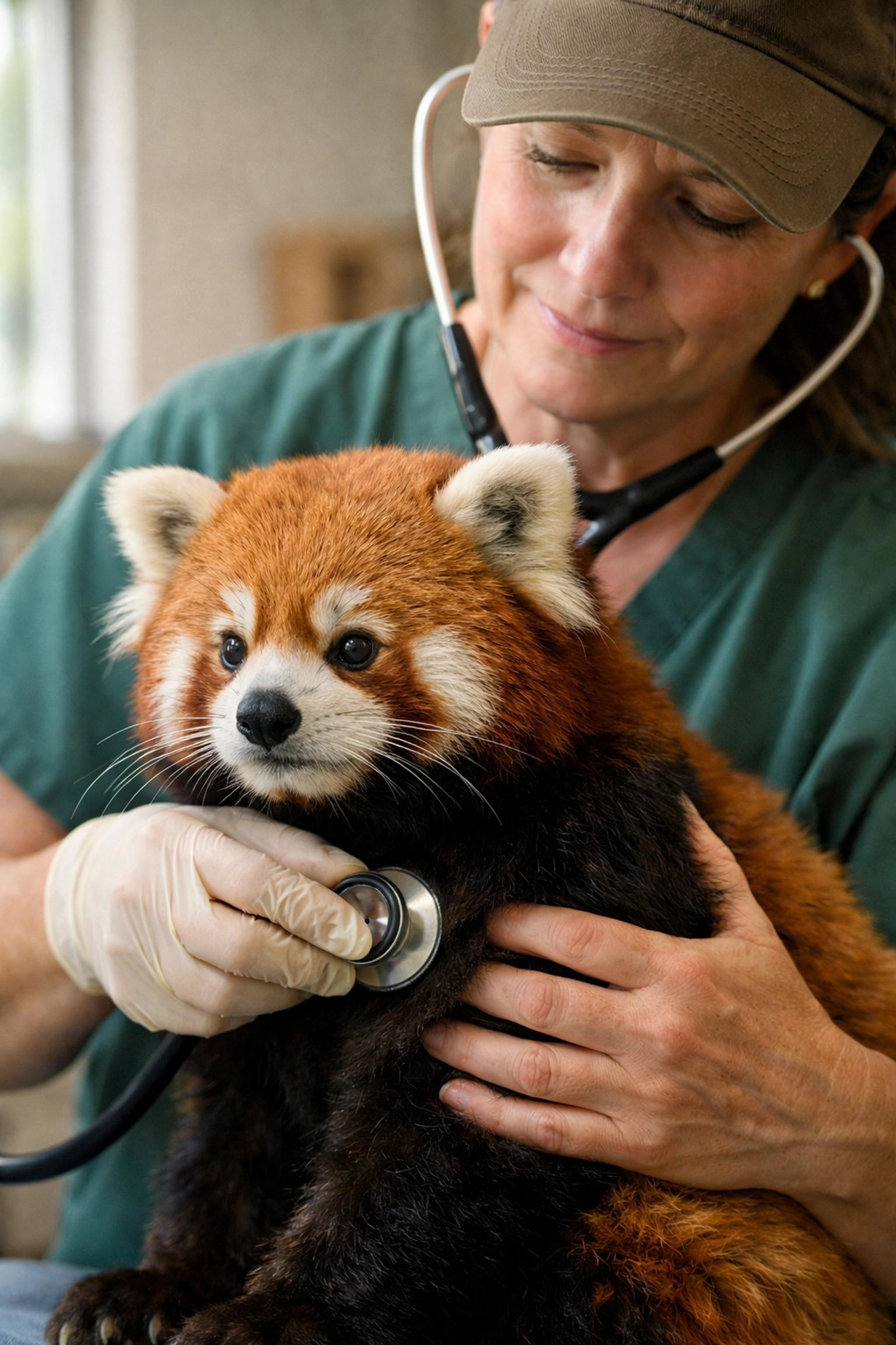 A zoo veterinarian performing a health check on a red panda to show authentic animal care.