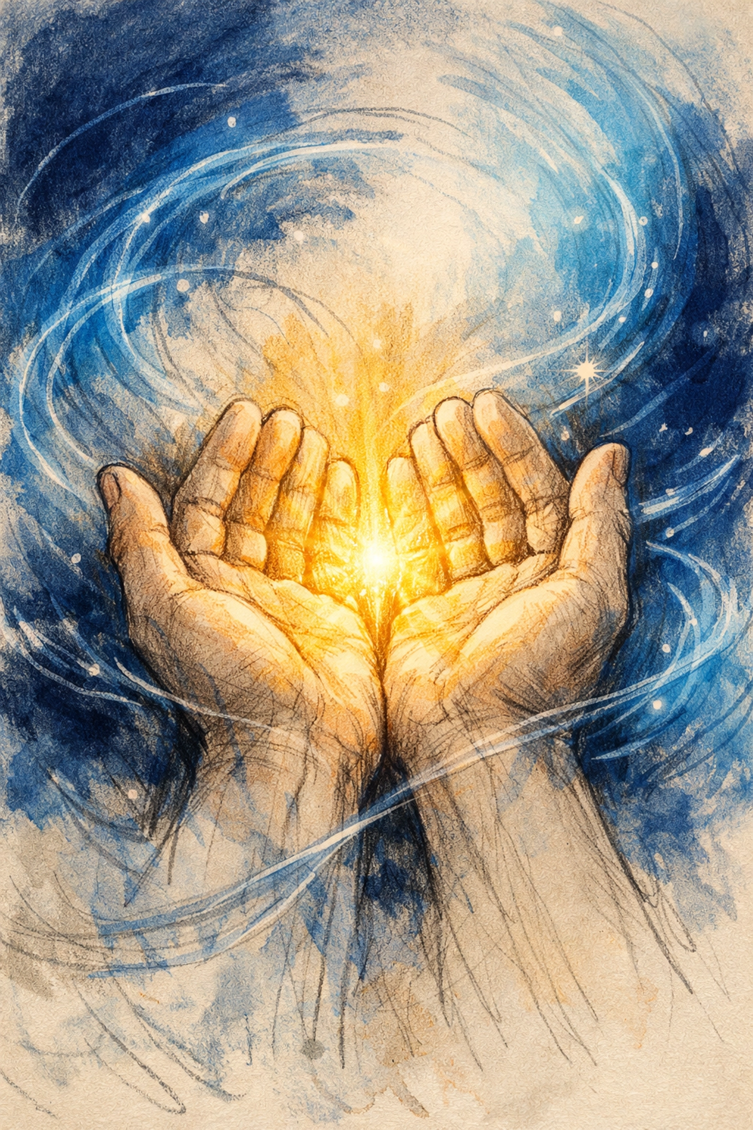 Artistic sketch of hands held open in gratitude and surrender for spiritual grounding and mental peace.