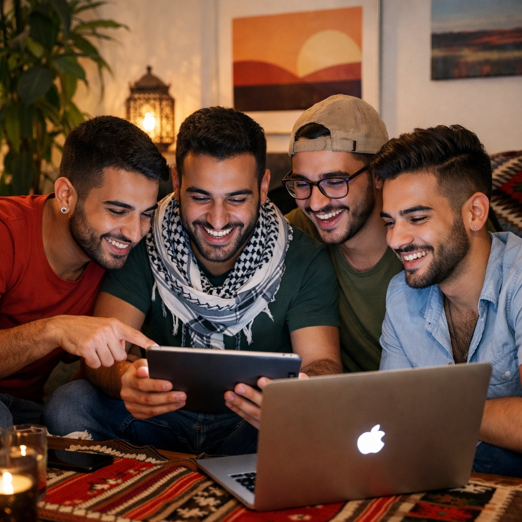 Young gay Arab men in Amman collaborating on digital activism and LGBTQ+ media in a modern apartment.