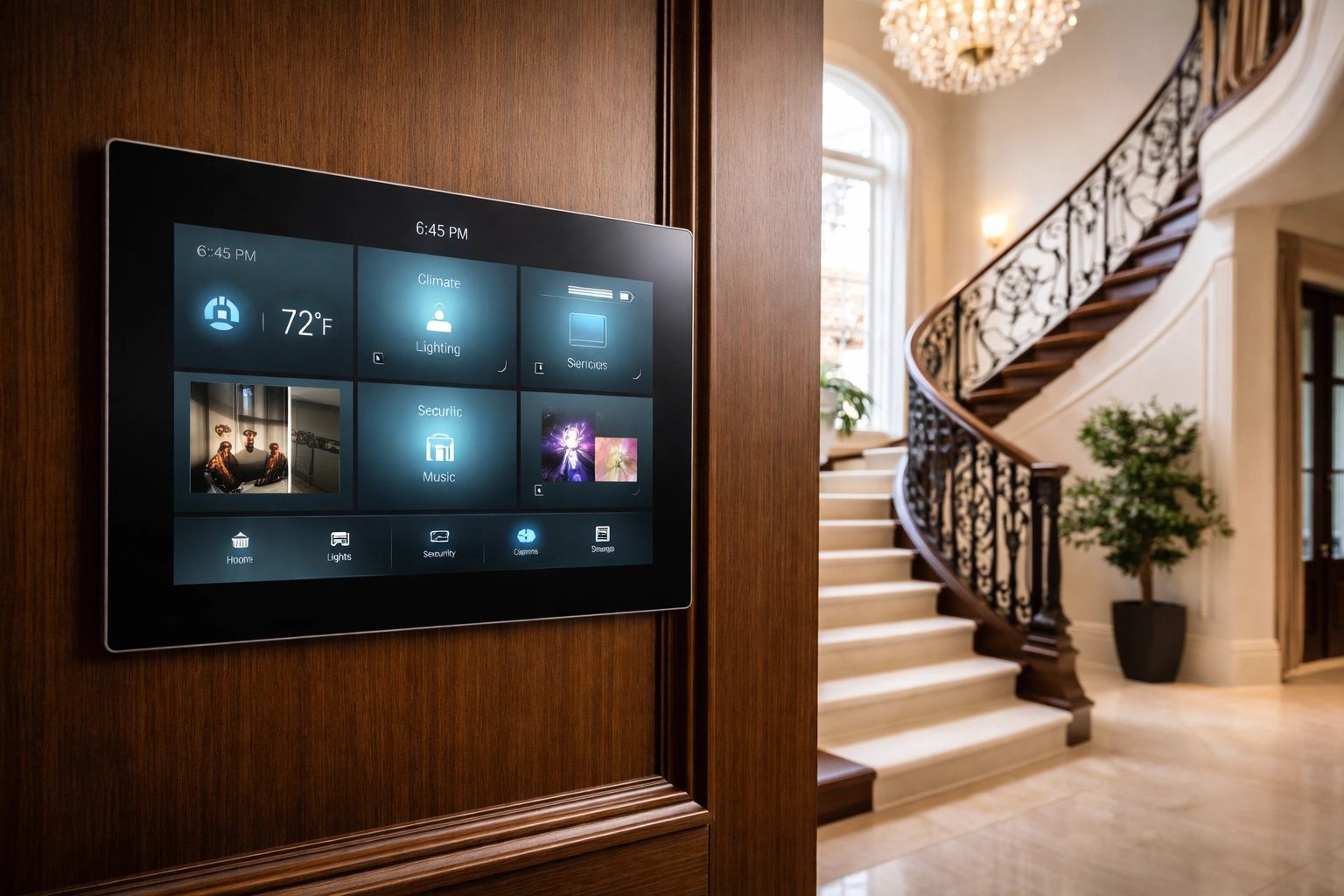 Smart home automation panel in elegant foyer of a Connecticut estate, illustrating cyber insurance protection