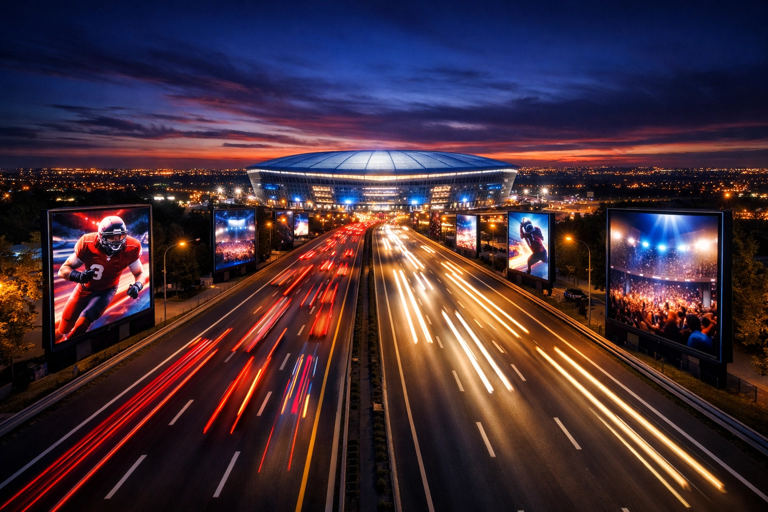 Programmatic digital billboards along a highway leading to a stadium for Super Bowl 2026.