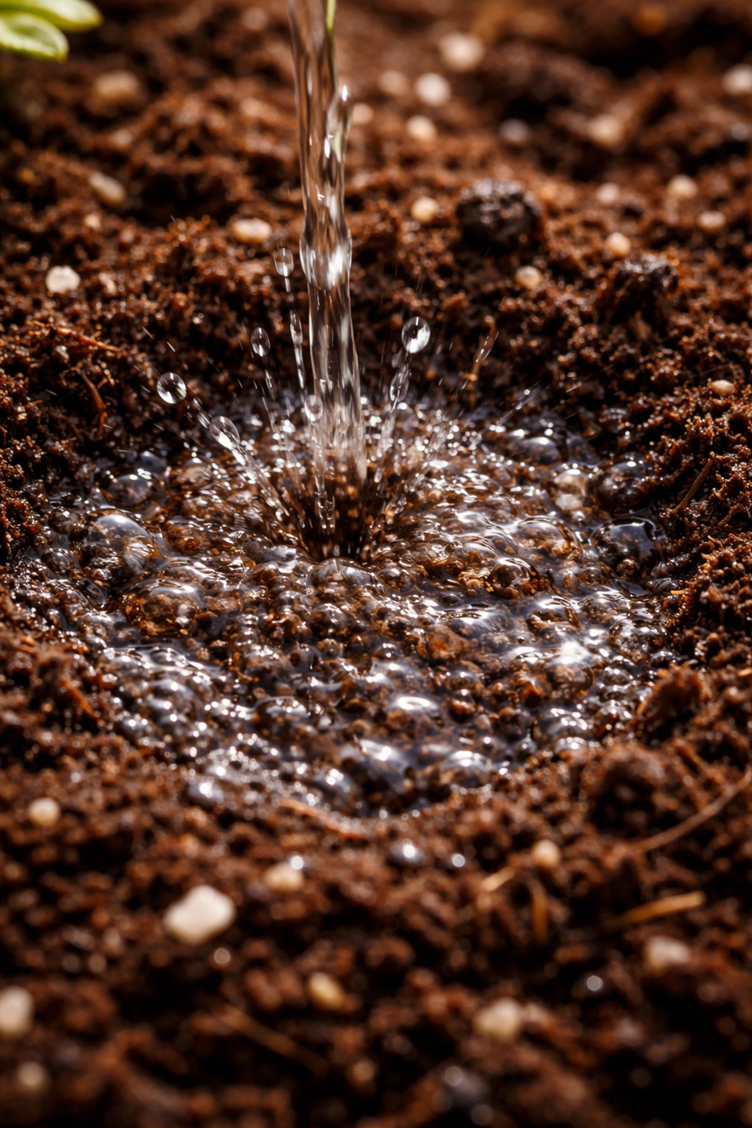 Close-up of water droplets soaking into dark potting soil, illustrating deep saturation for indoor garden health.