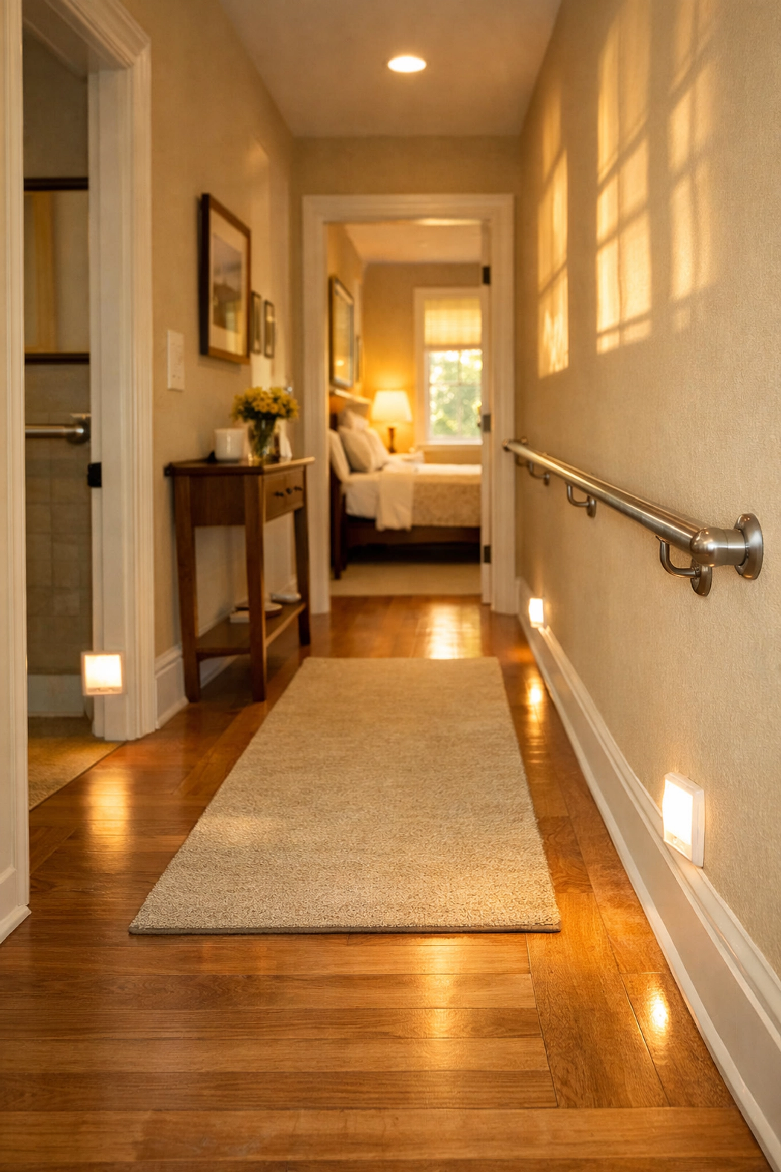 Well-lit hallway with handrails and safety lighting showing fall prevention home modifications
