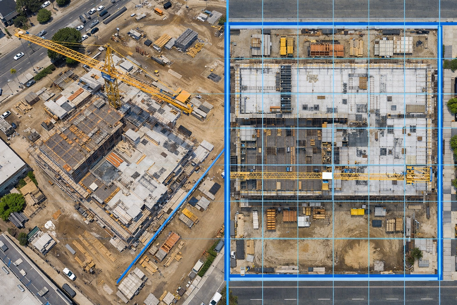 Comparison of distorted 2D aerial map versus corrected orthomosaic mapping of construction site