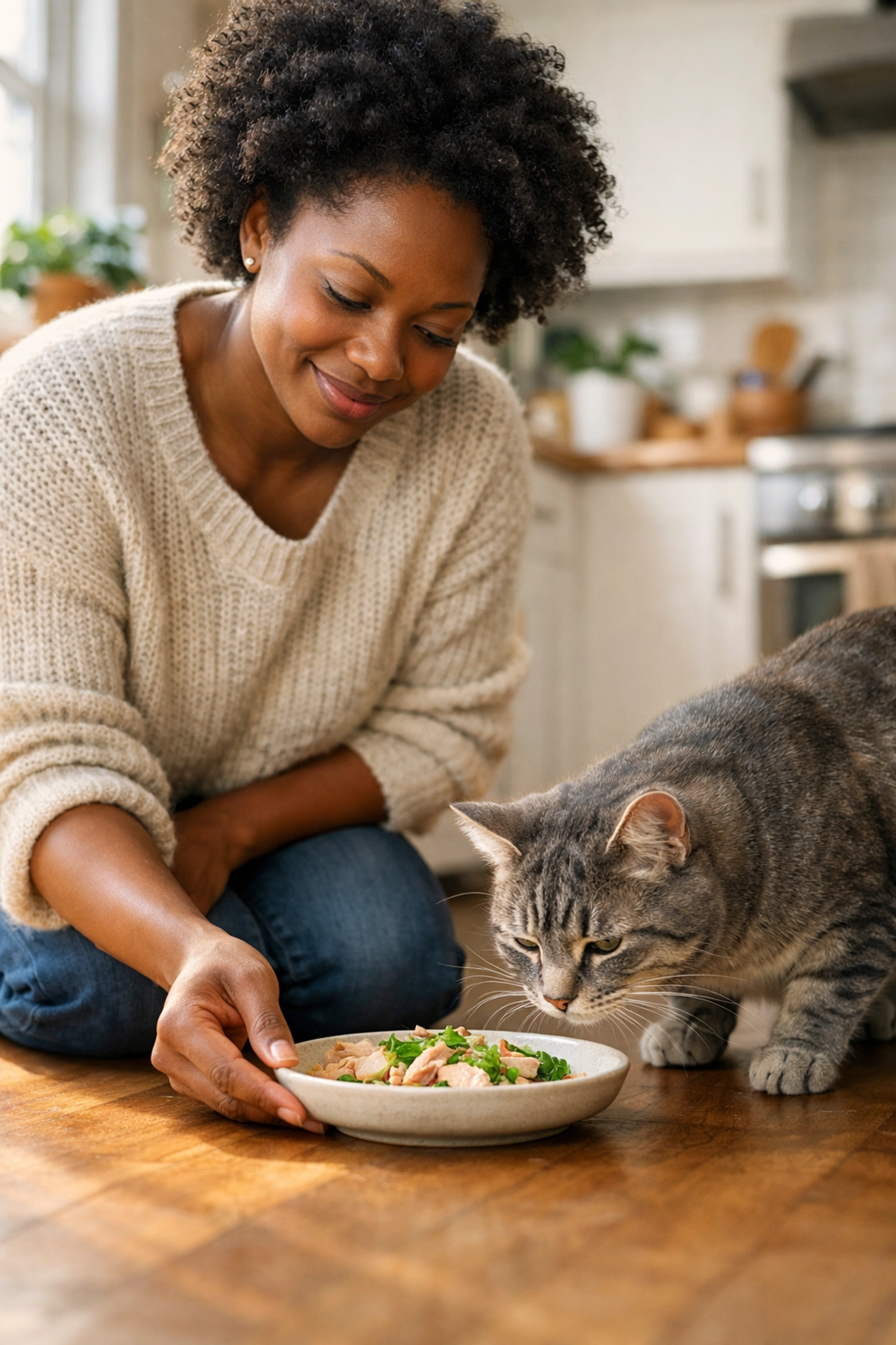 A San Francisco cat owner feeding her tabby cat from a shallow saucer to prevent whisker fatigue in a bright kitchen.