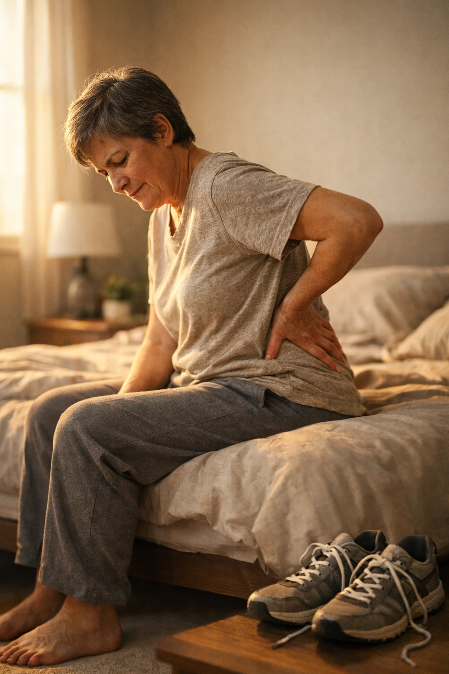 Person with sciatica pain sitting on bed holding lower back in morning light