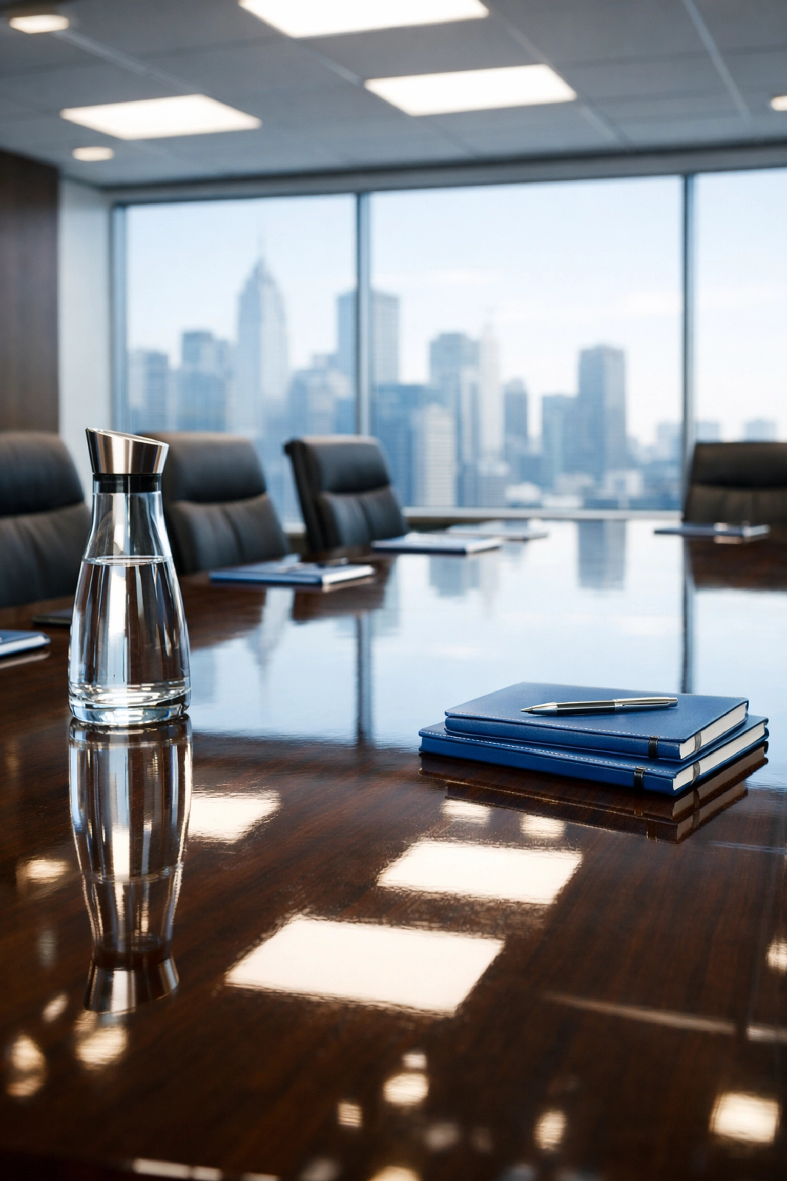 A pristine corporate boardroom with a polished table reflecting high standards of office hygiene and sanitisation.
