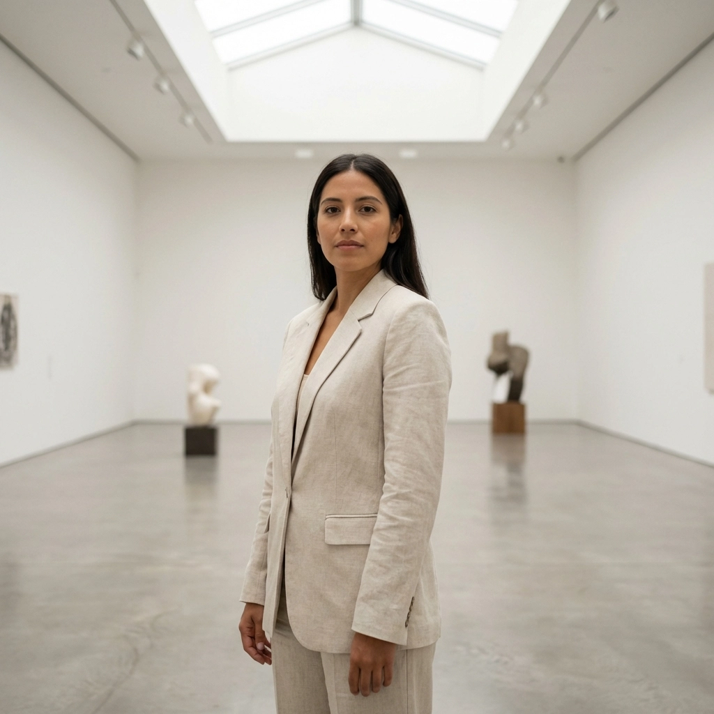Latina model in a bright white gallery space demonstrating soft overhead natural light for artistic nudes.