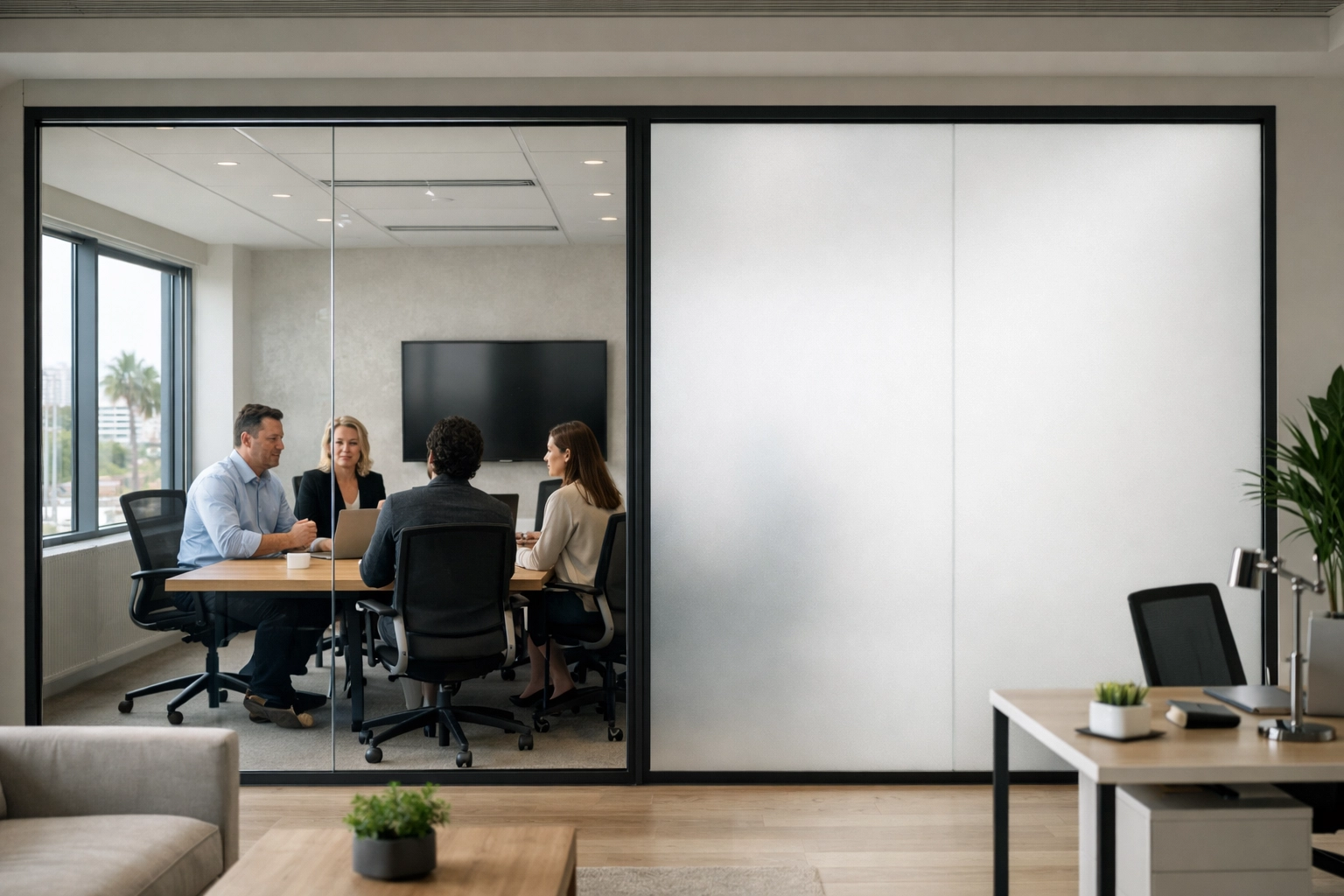 Modern LA Office Smart Film Glass Partition - Clear + Frosted Panels