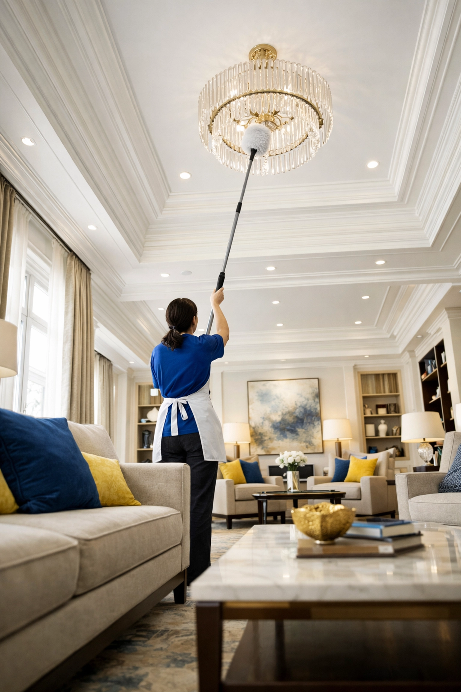 Using a long duster for high-to-low deep cleaning Westford in a high-ceiling living room.