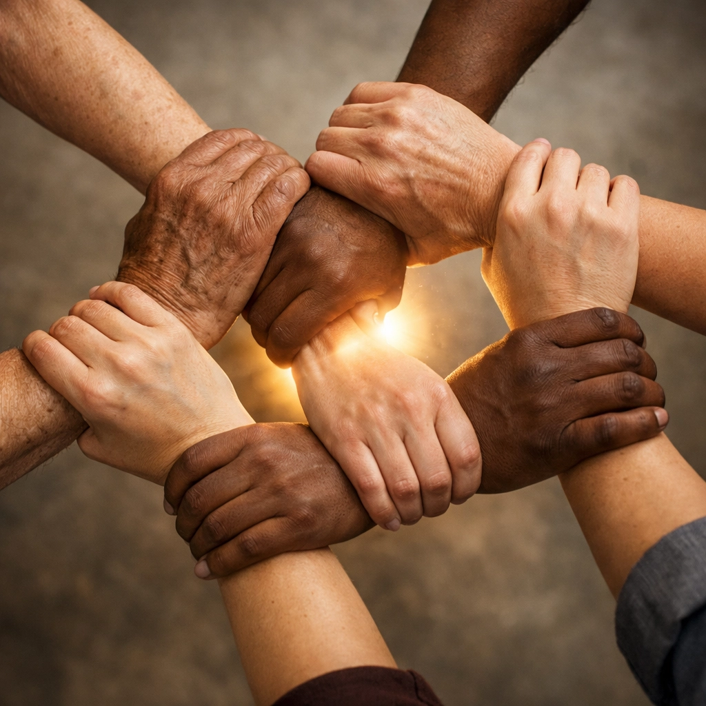 Diverse hands joined in circle showing community unity and solidarity after tragedy