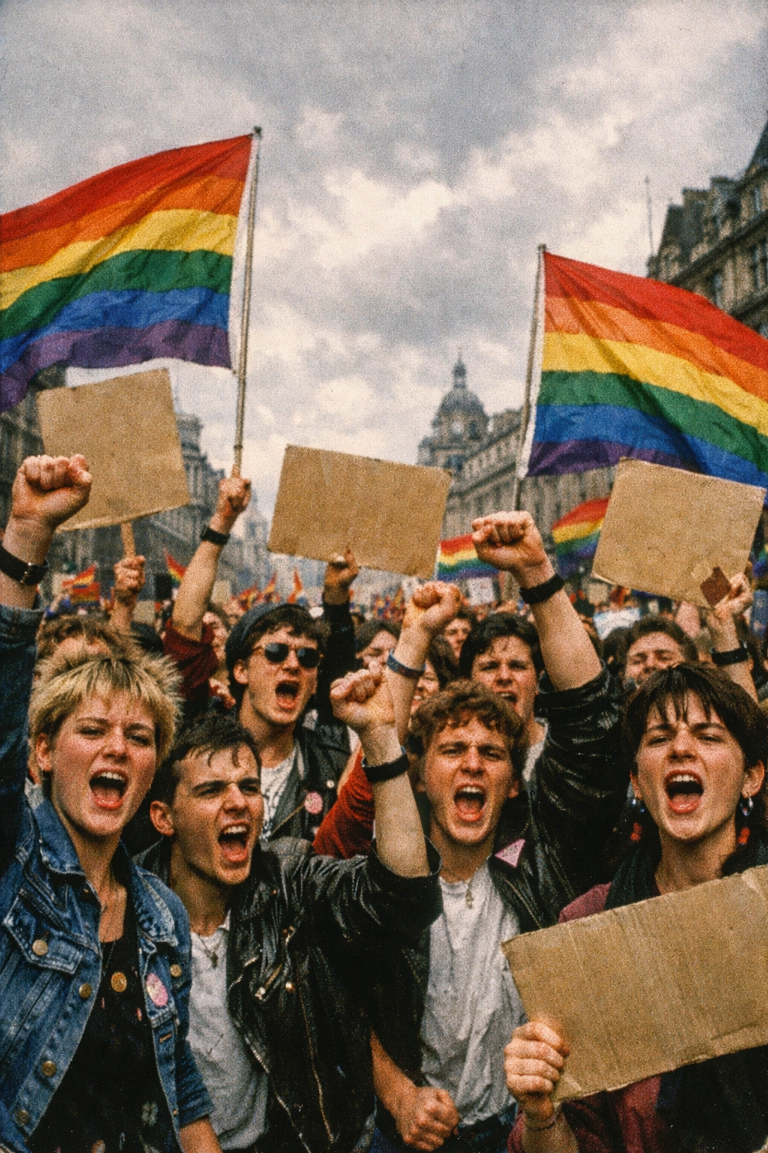 LGBTQ+ activists protesting Section 28 with rainbow flags at 1980s UK demonstration