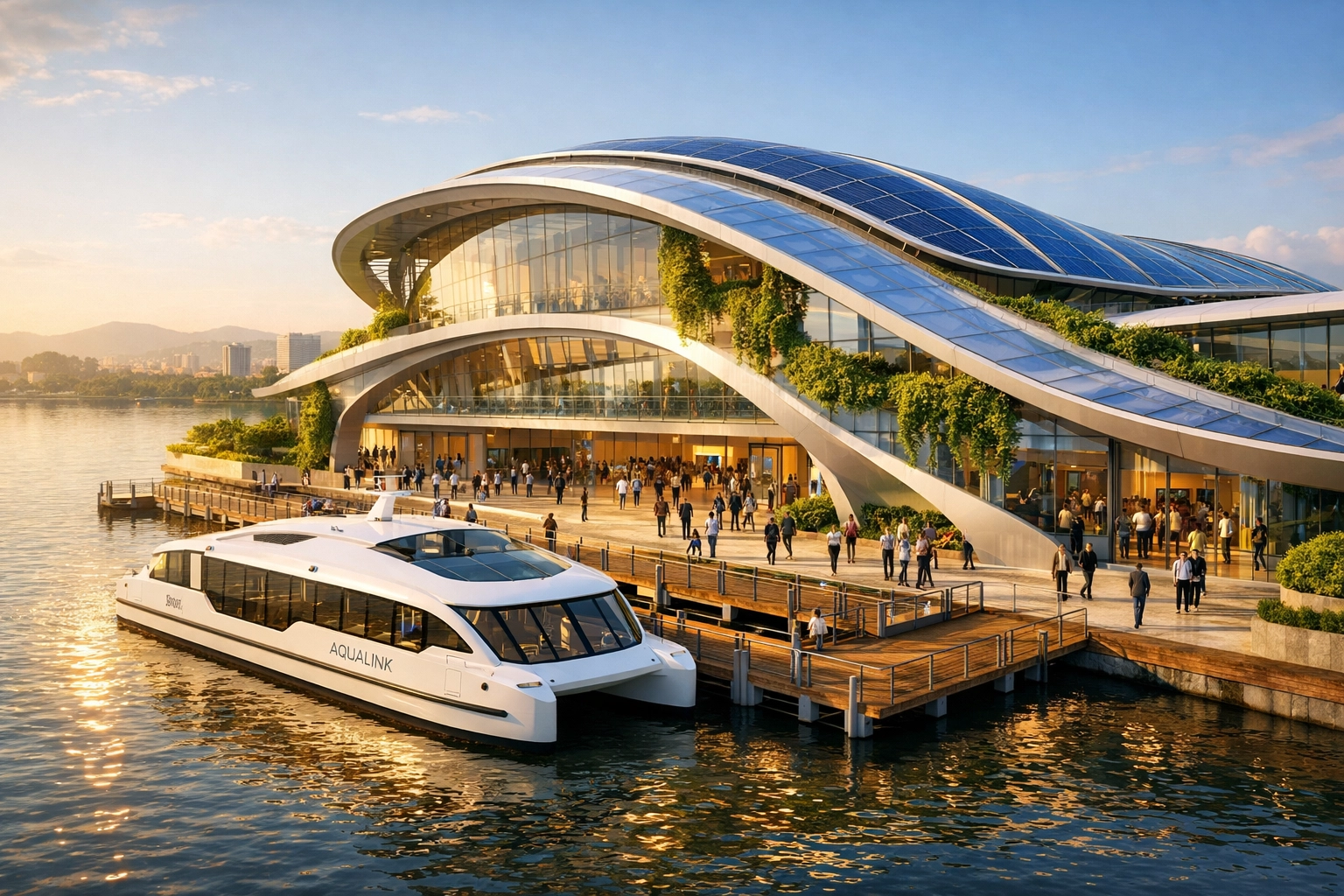 Modern Mumbai Water Metro terminal at Thane Creek with a docked electric ferry and solar roof.