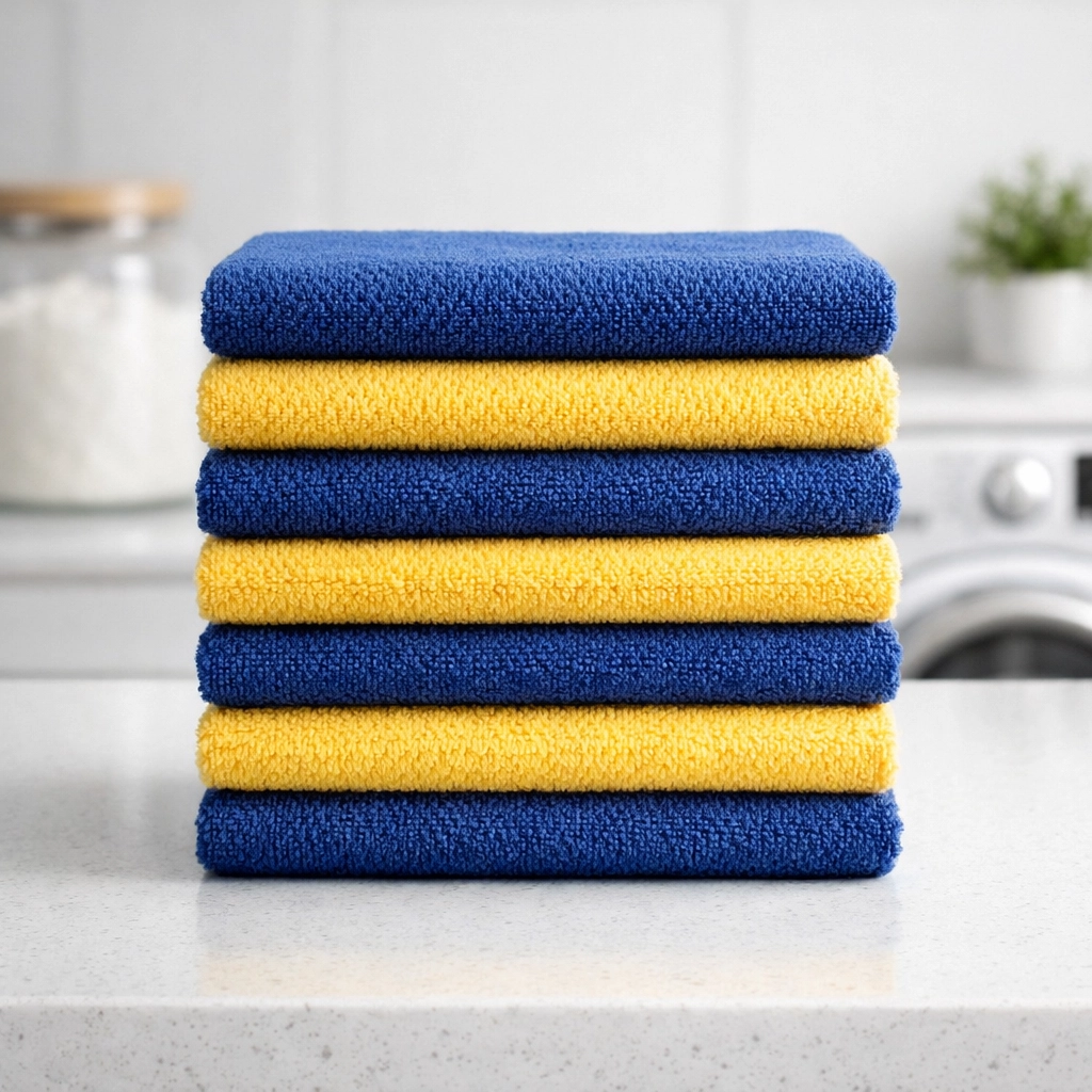 Neatly stacked blue and yellow microfiber cleaning cloths in a modern, organized laundry room.