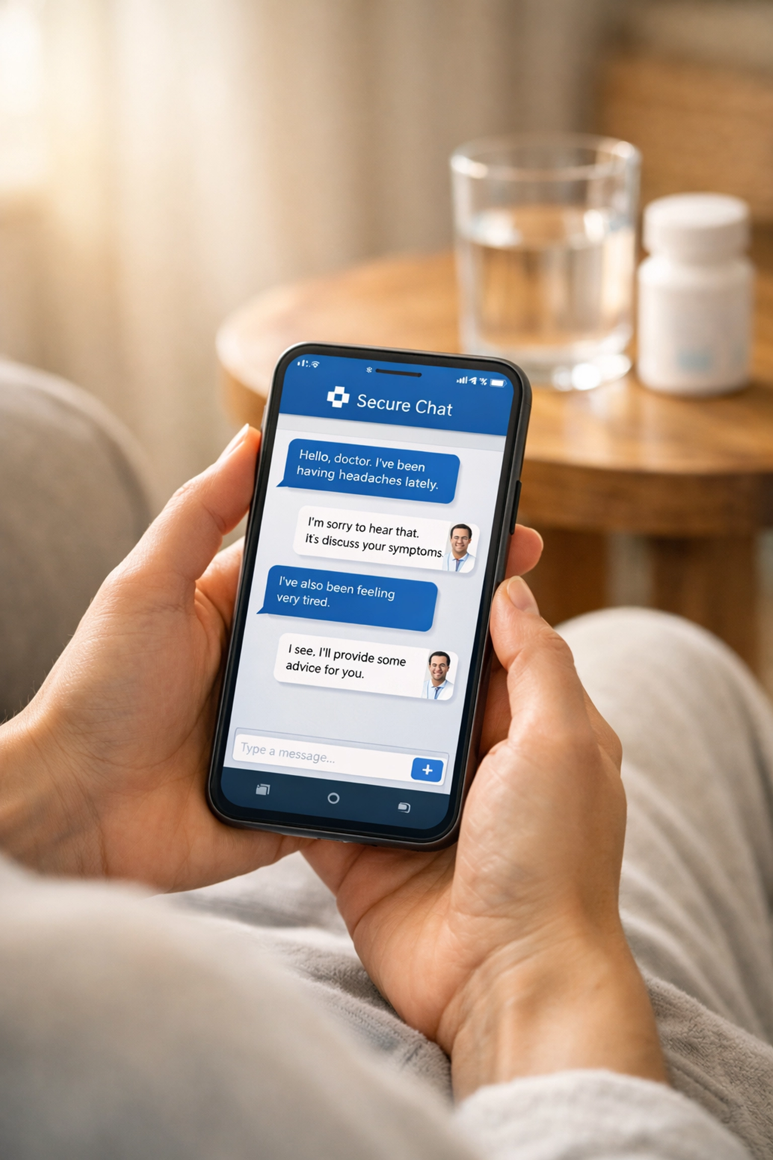 Secure text-based telehealth consultation on a smartphone for discreet sexual health care and online prescriptions.