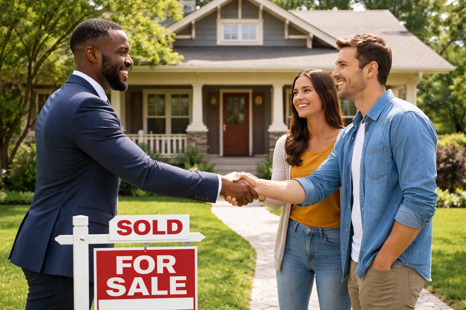 Real estate agent congratulating first-time homebuyers in front of a sold Houston house, highlighting successful home purchase