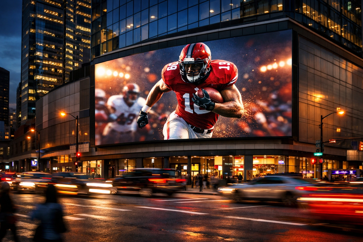 Digital billboard featuring a football player in a city center showing NIL sports marketing integration.