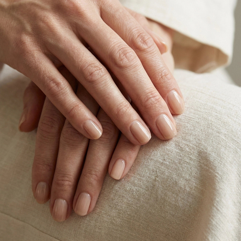 Επεξηγηματική εικόνα με χέρια και nude μανικιούρ στο Emily's Beauty Salon, λάμψη και διάρκεια στο αποτέλεσμα