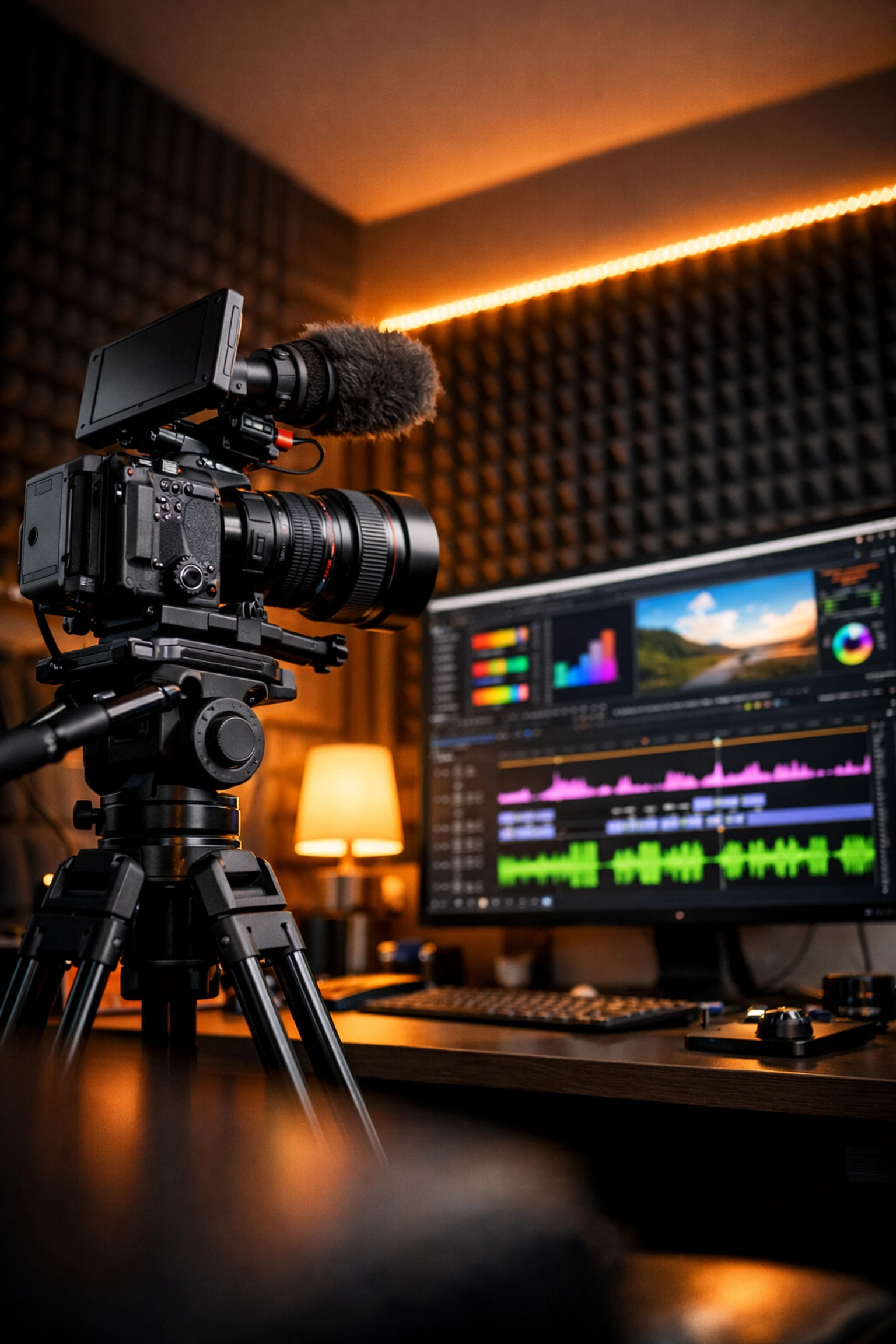 Professional vlogging studio setup with a camera and editing software for YouTube algorithm optimization.