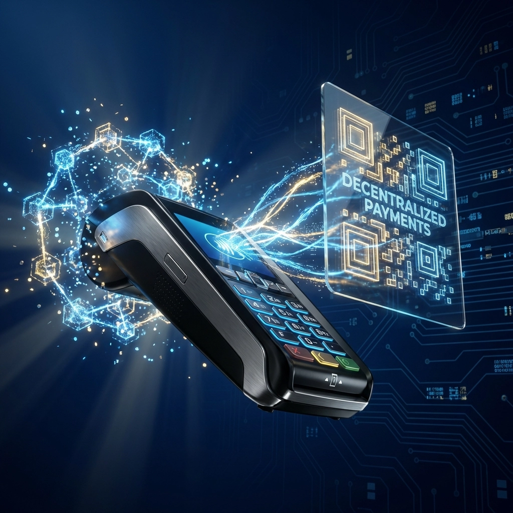 Comparison of traditional card payments and blockchain-based QR payments illustrating reduced fees and next-gen payment infrastructure