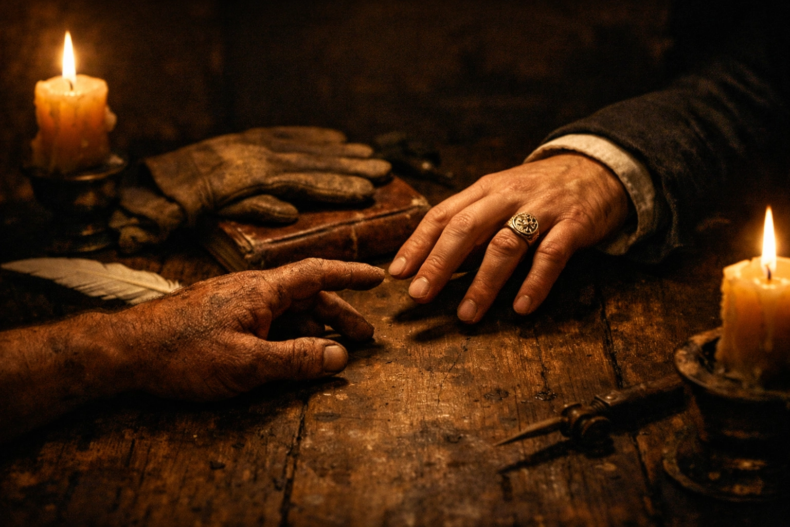 Two men's hands almost touching in secret colonial-era meeting depicting forbidden MM romance