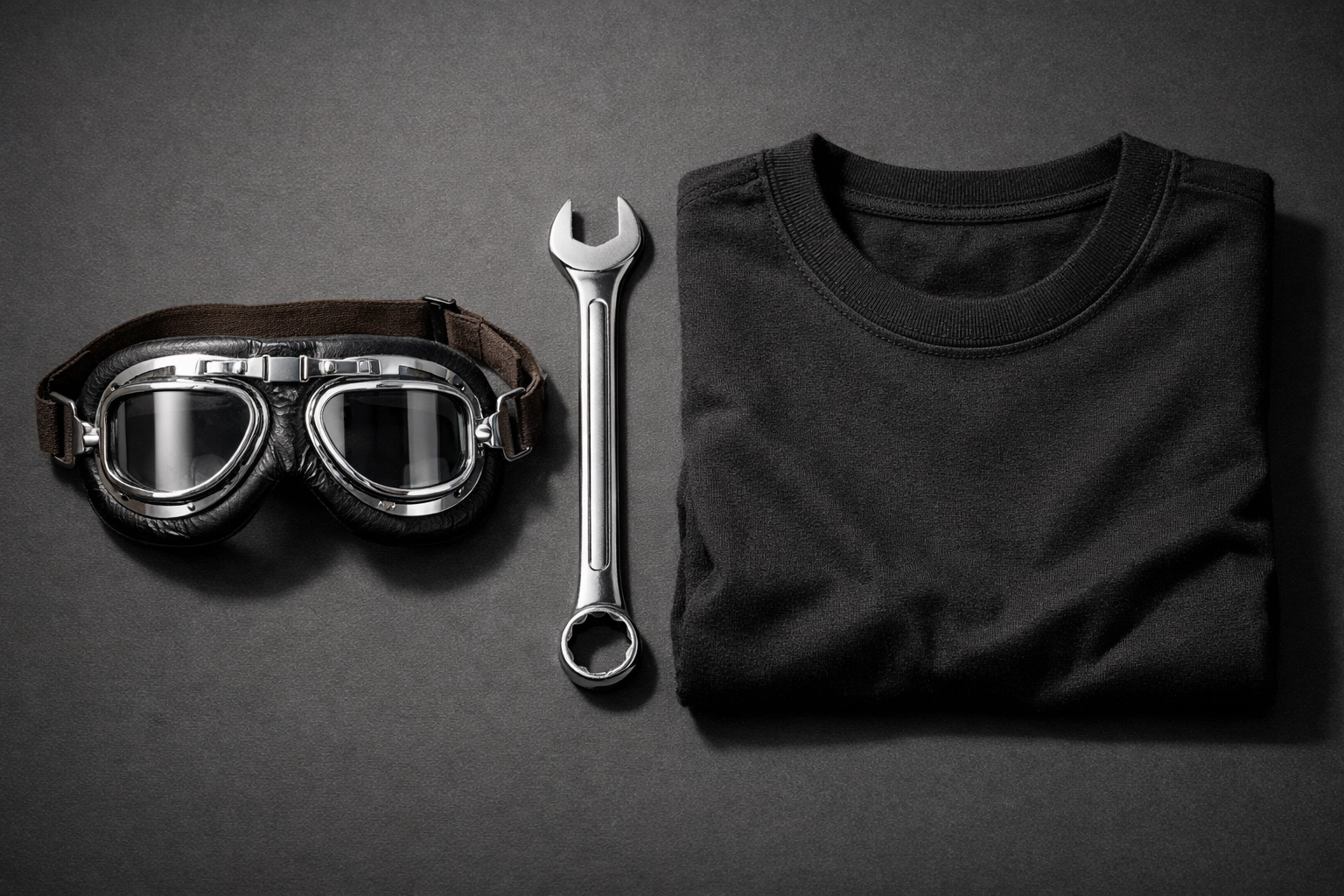Vintage aviator goggles and a wrench next to a custom t-shirt representing the technical mastery of apparel printing.