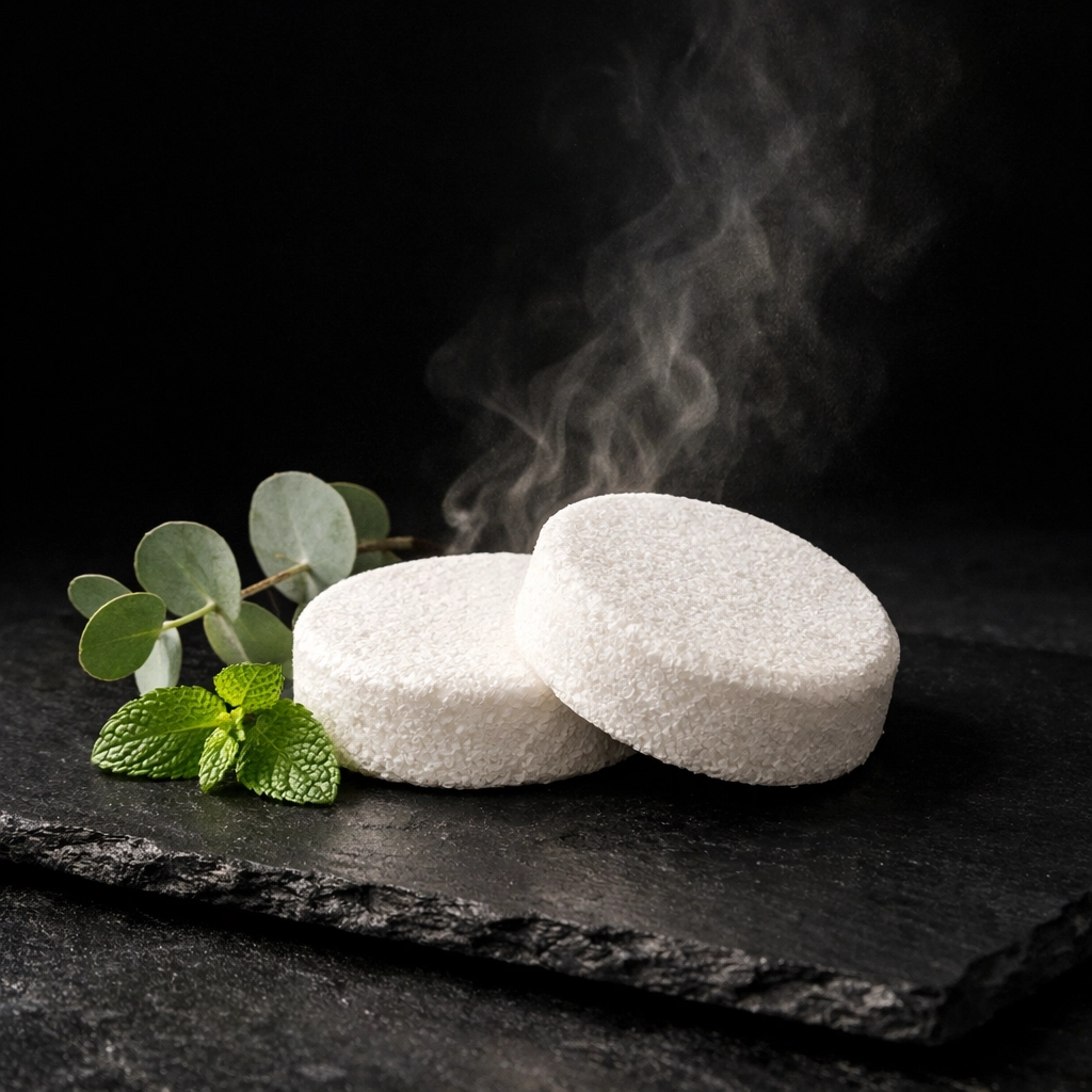 Luxury eucalyptus shower steamers and fresh mint leaves for an aromatherapeutic home spa ritual.