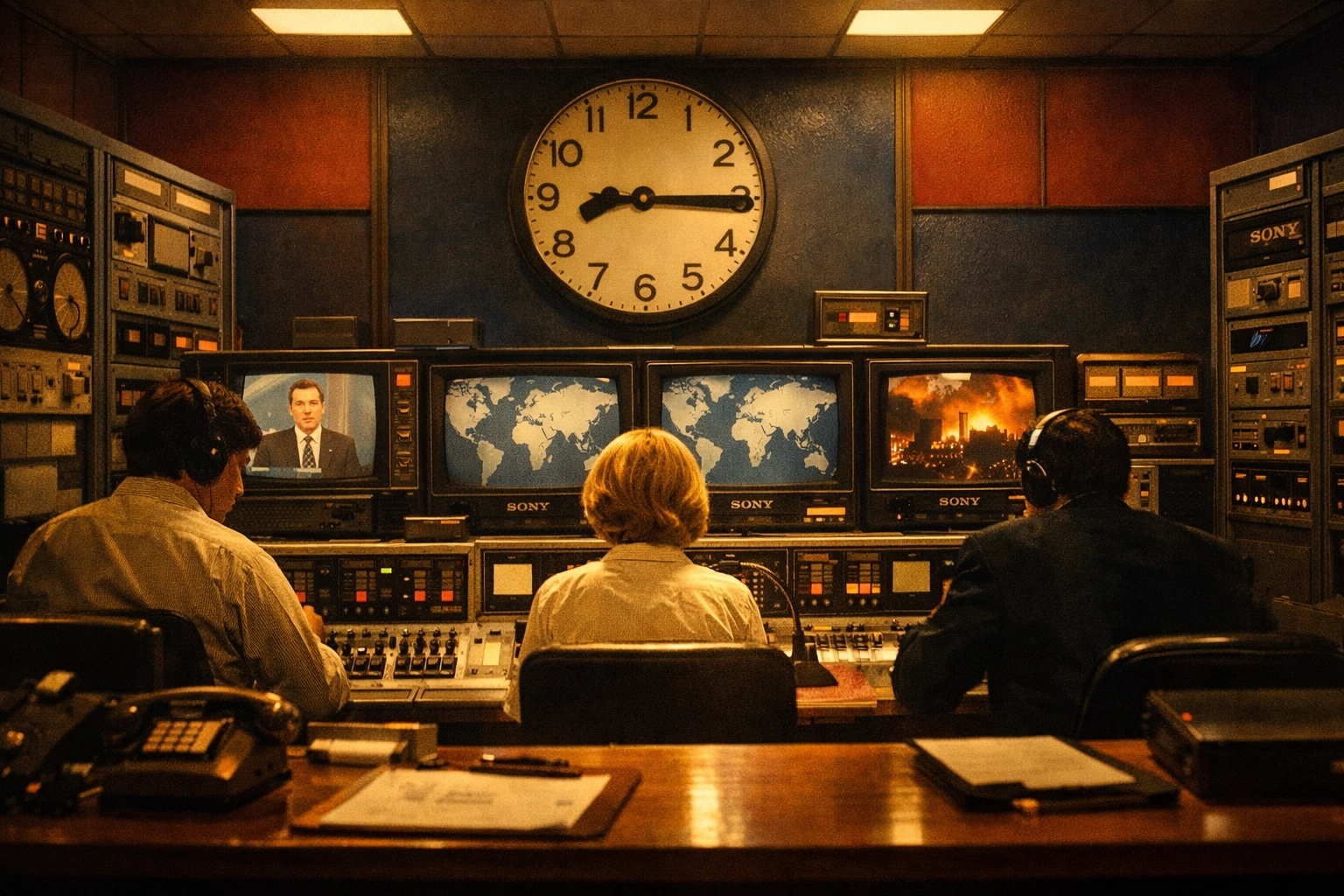 Vintage newsroom with monitors and control desk showing trusted Christ-centered journalism