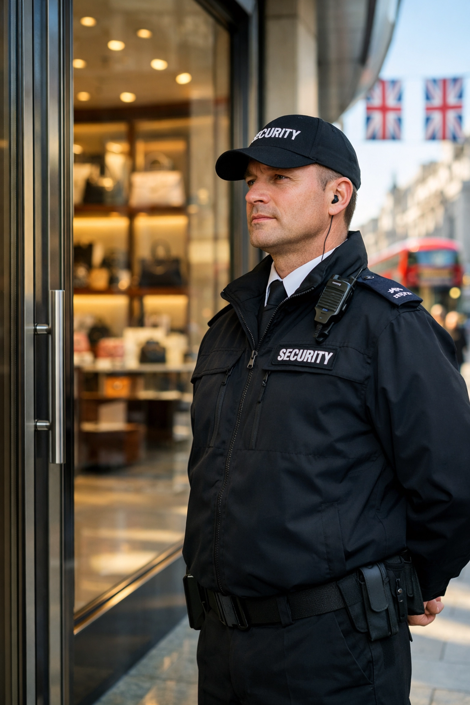 Professional retail security guard in uniform standing at a high-end store entrance in London.