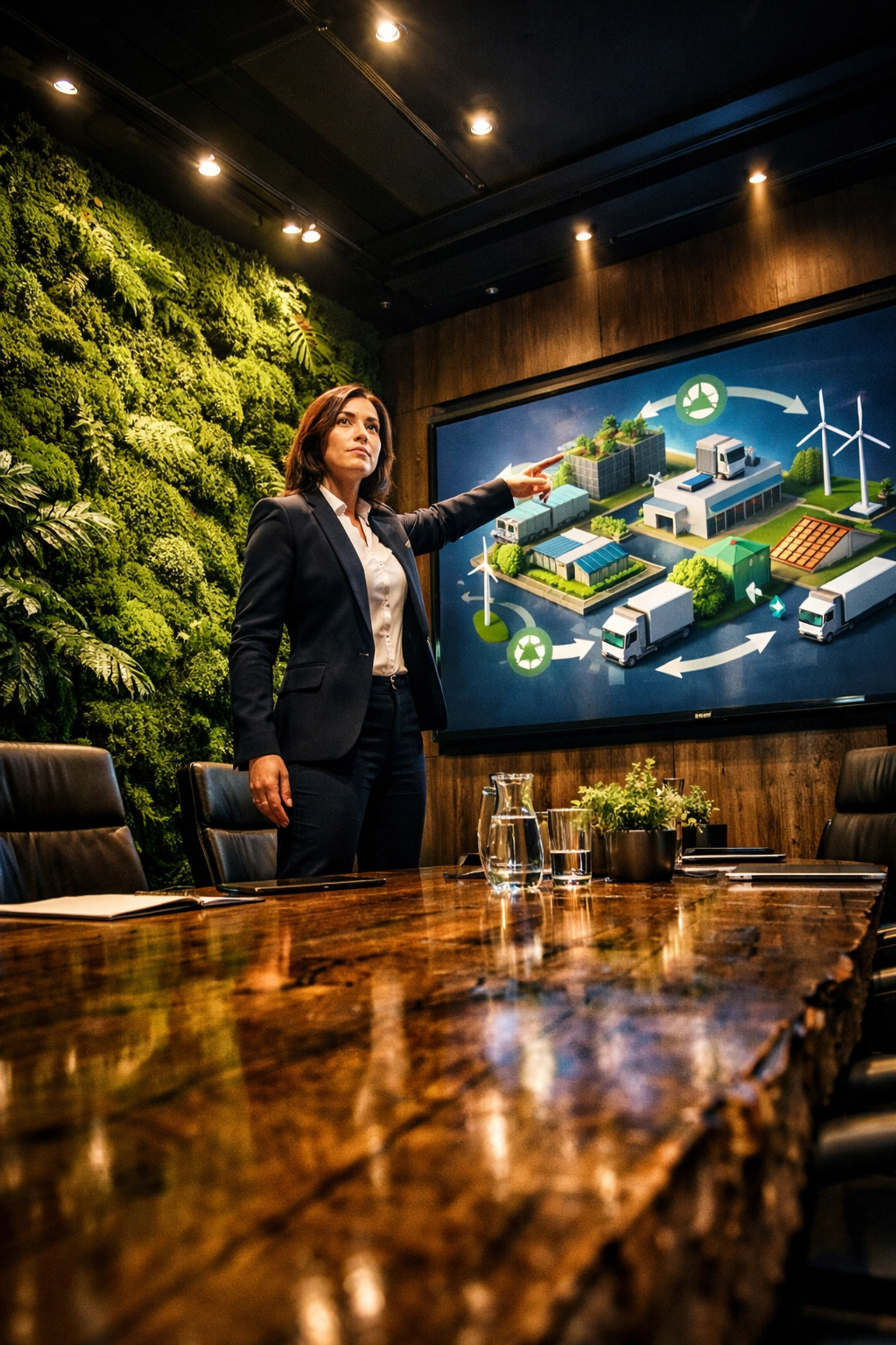 Sustainability professional explaining circular economy logistics and green supply chain data in a modern office.