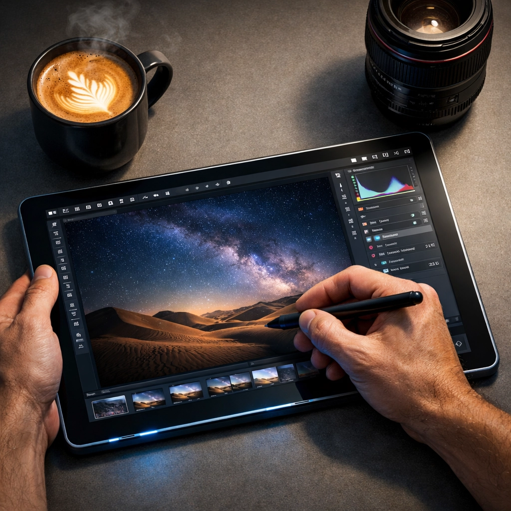 Digital photo editing workflow using a tablet and stylus in a professional studio setting.
