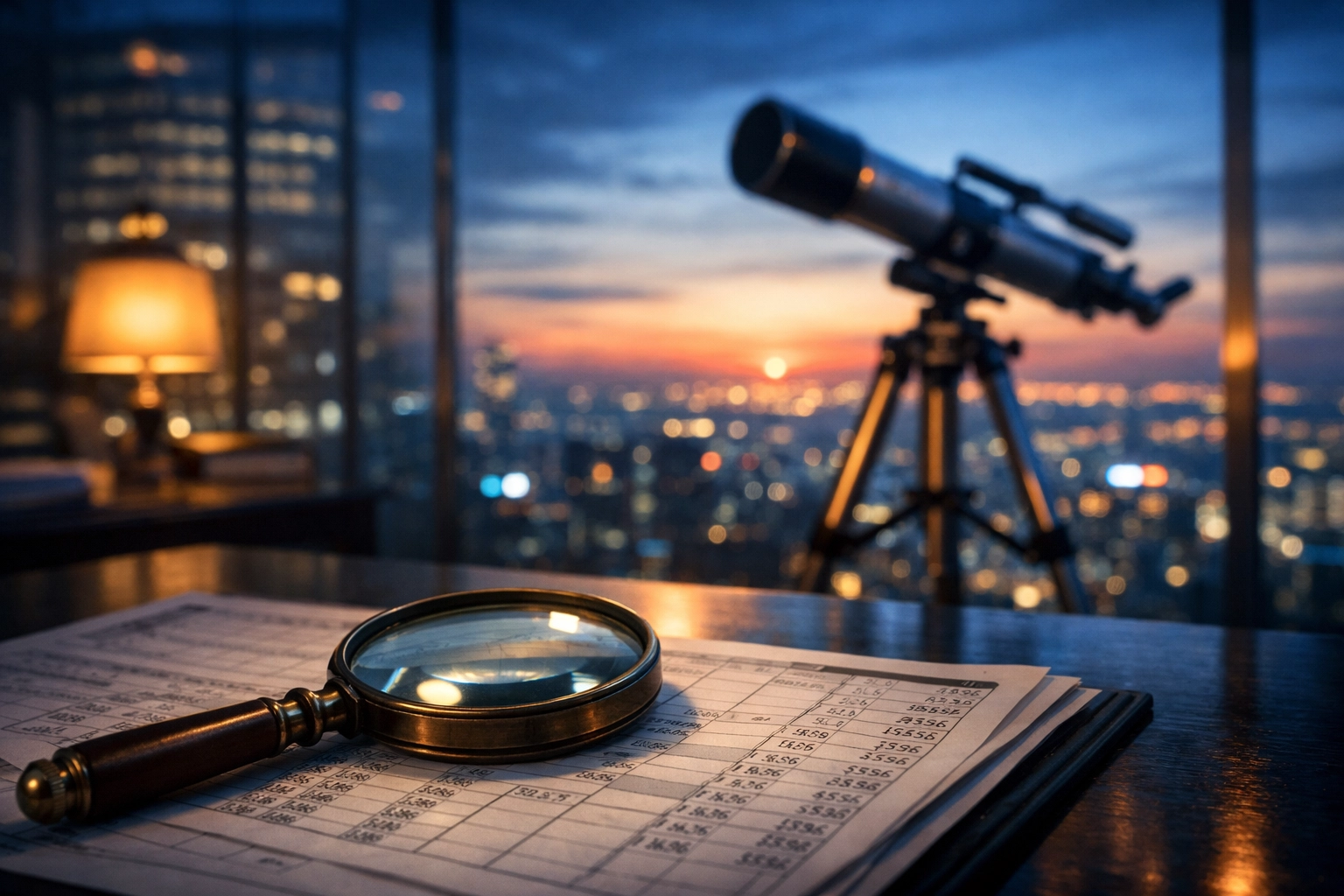 A magnifying glass and telescope symbolizing accounting analysis and future financial planning.