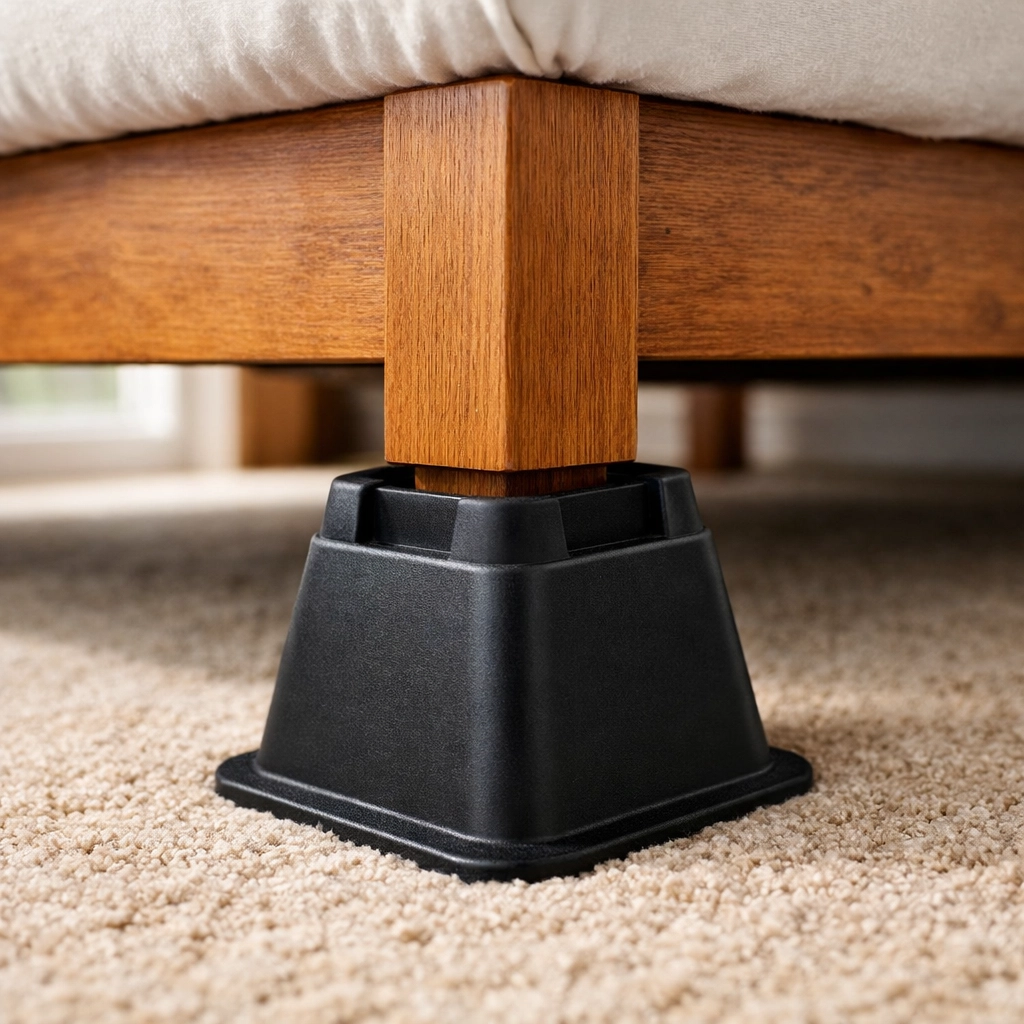 Bed risers installed under bed frame legs to raise bed height for senior safety