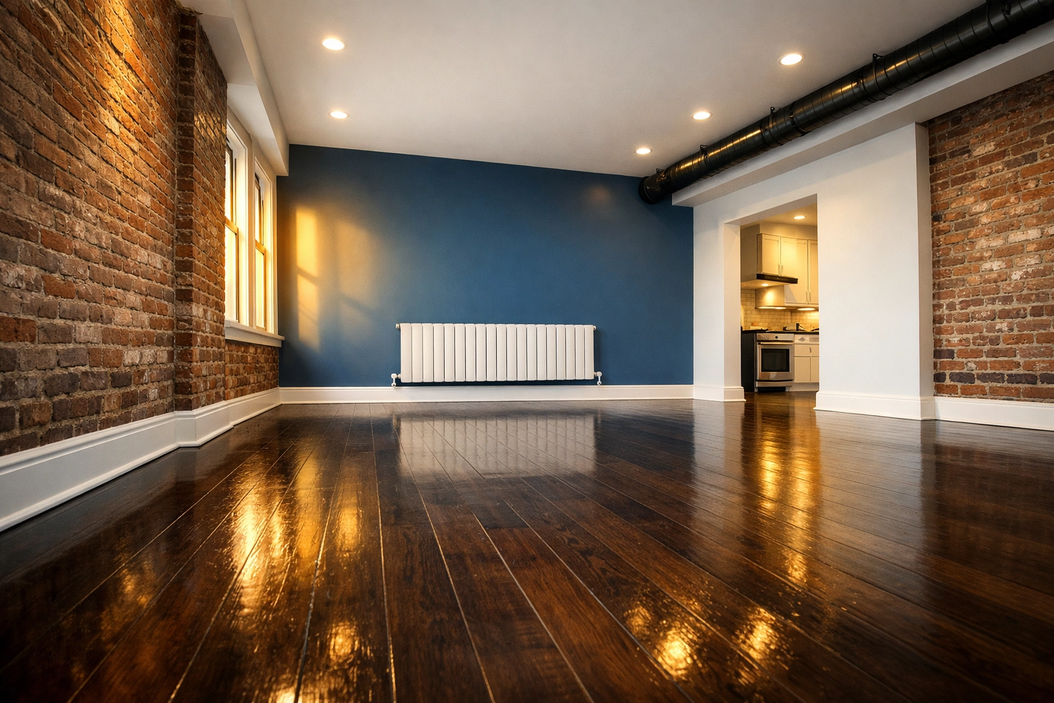 Spotless hardwood floors and clean baseboards in a Canal District loft after move-out cleaning Worcester.