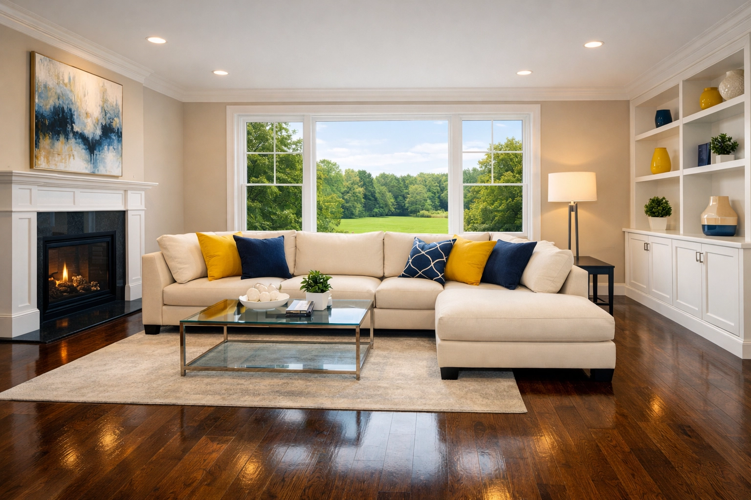 A professionally cleaned living room in Lancaster, MA, highlighting dust-free surfaces and polished floors.