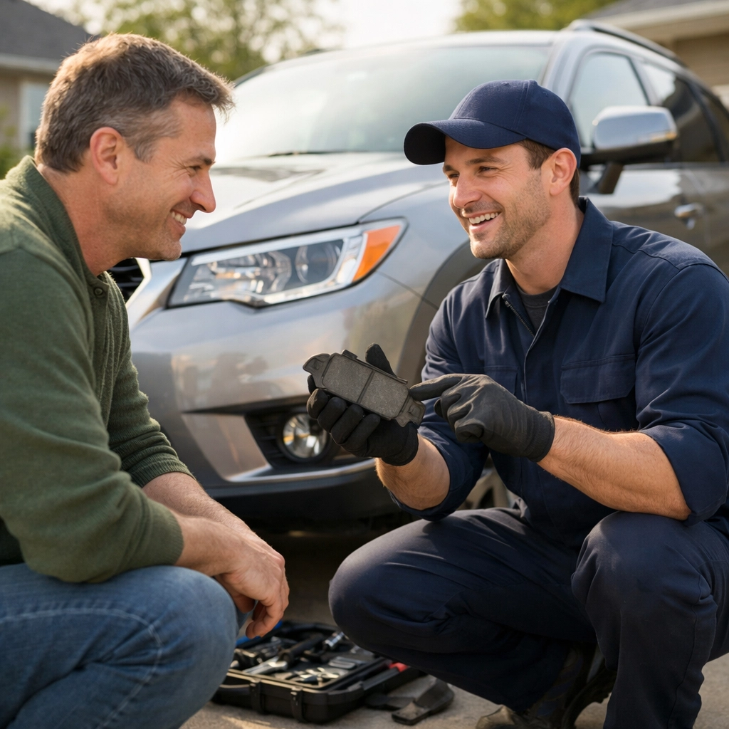 Mobile mechanic in Green Bay showing new brake pads to a homeowner in their driveway.