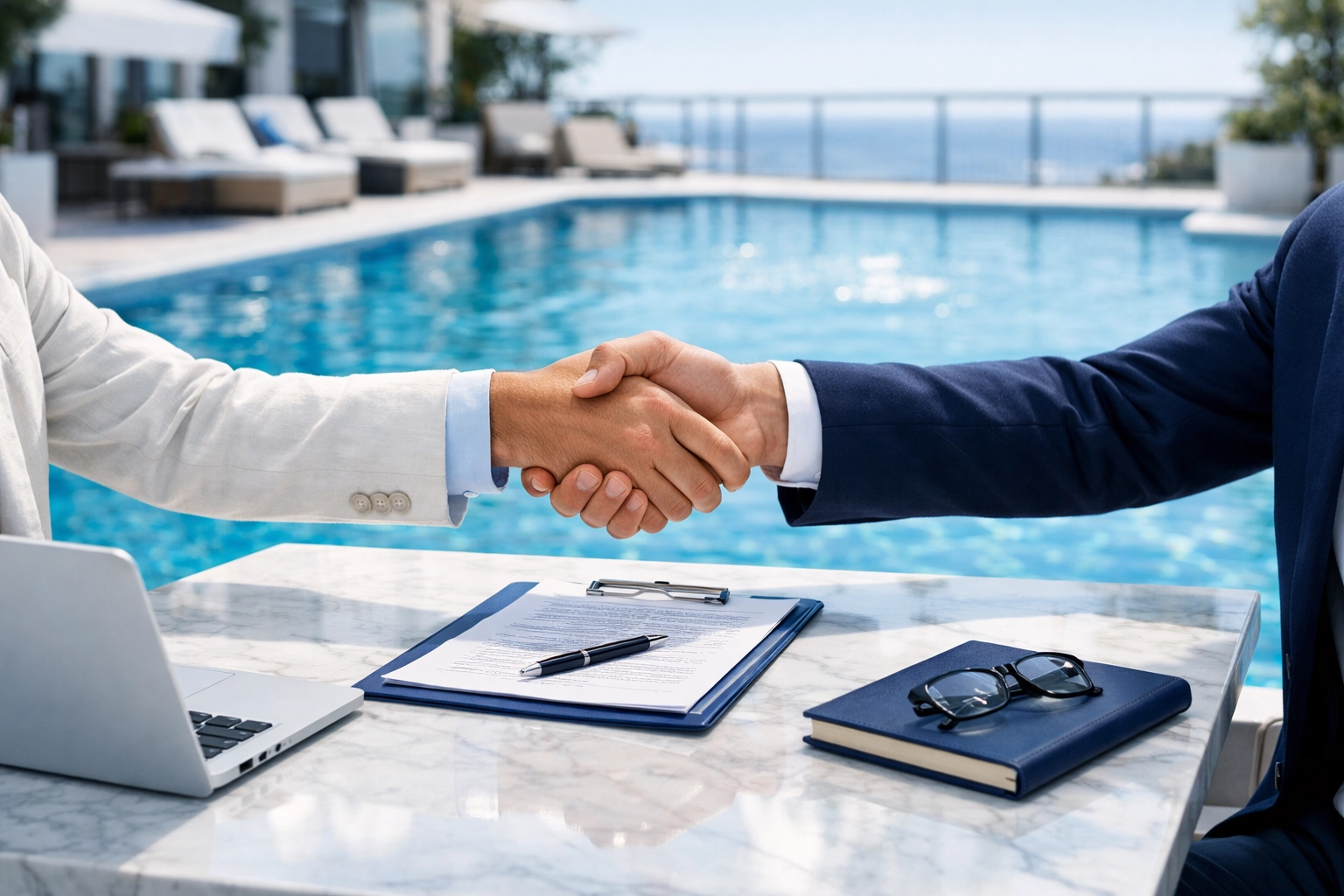 Business agreement handshake between a pool route broker and seller on an upscale terrace.
