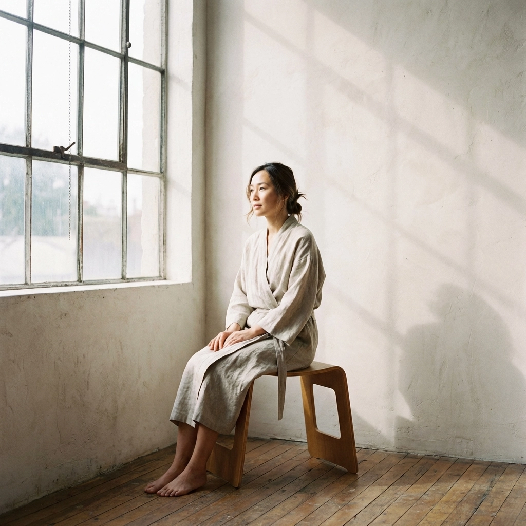 Fine art nude photography of a relaxed woman in a sun-drenched studio with natural window lighting.