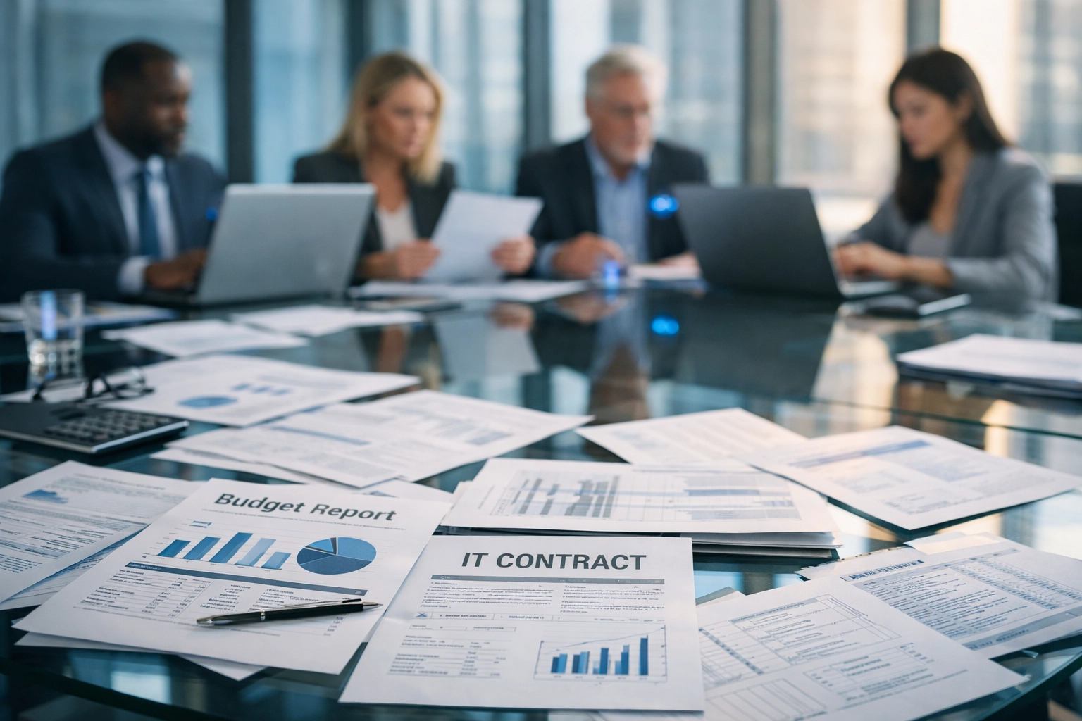 Business team auditing IT contract documents and budget reports in modern office conference room