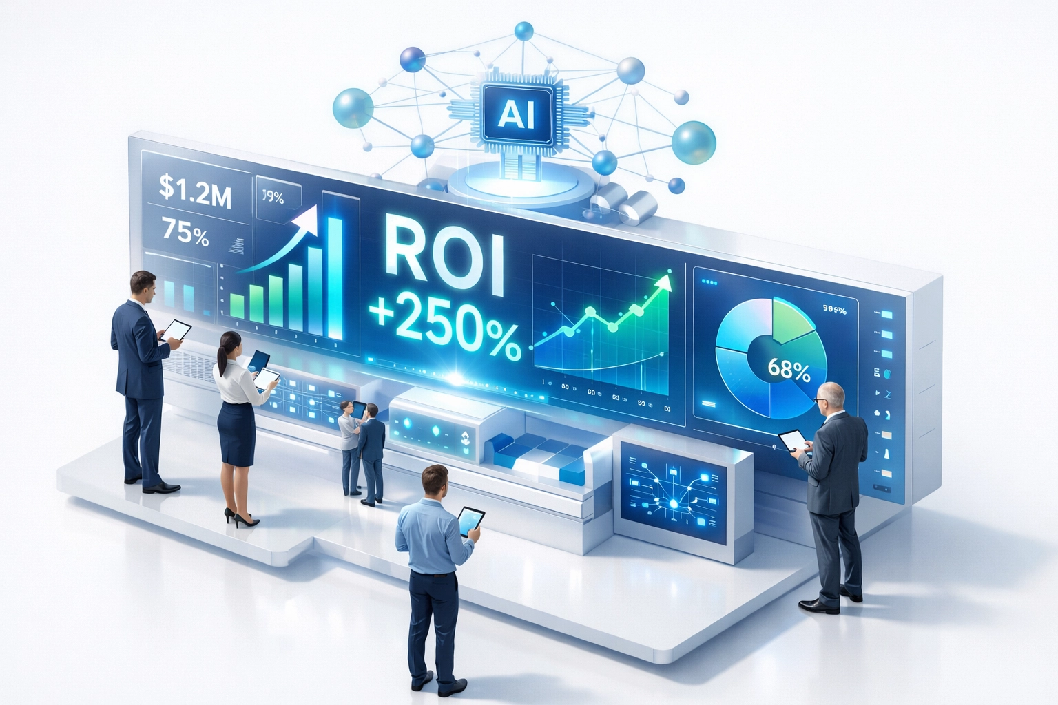 ServiceNow ROI dashboard showing 347% returns with implementation partner expertise and cost savings metrics
