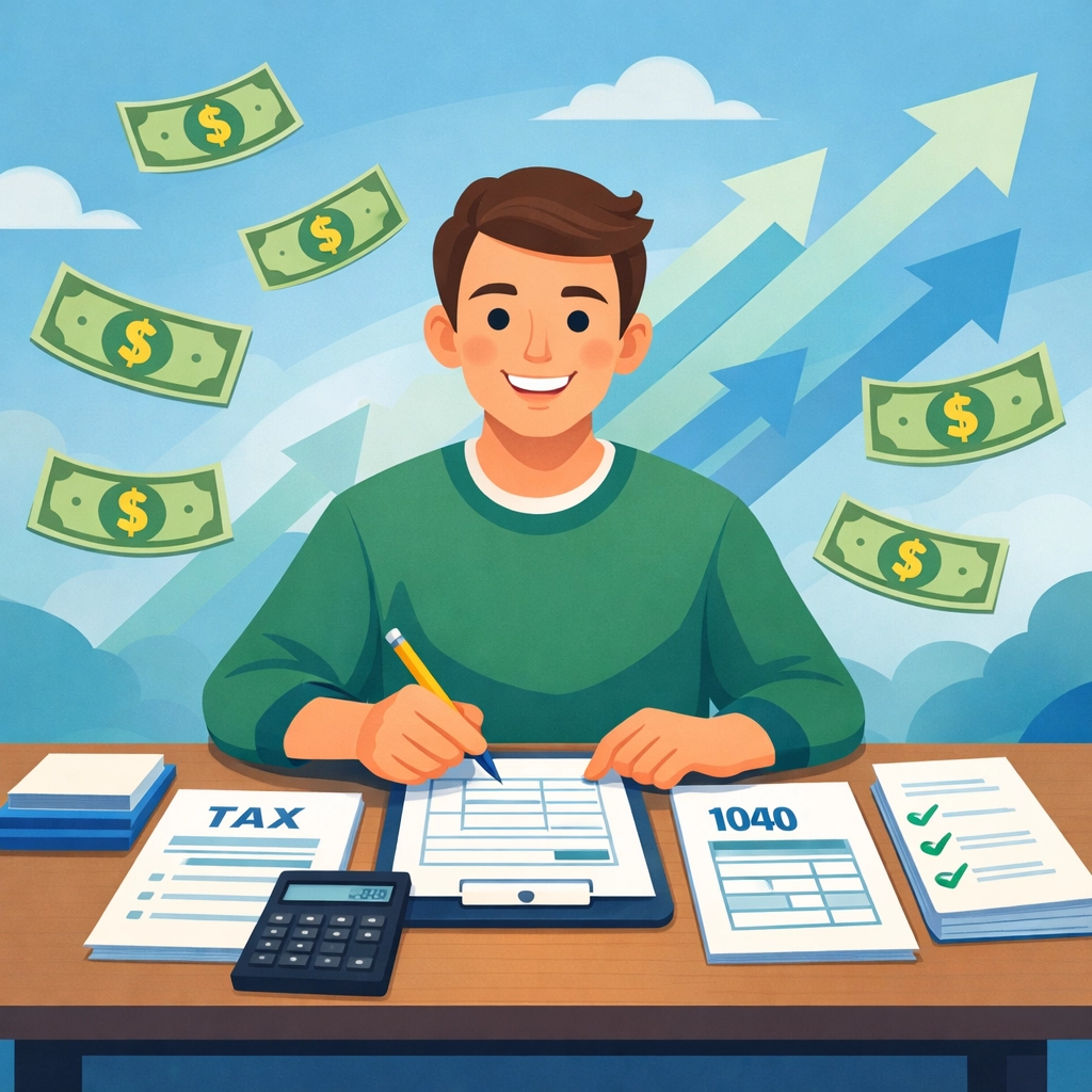 Taxpayer calculating 2025 standard deduction with organized tax documents and calculator