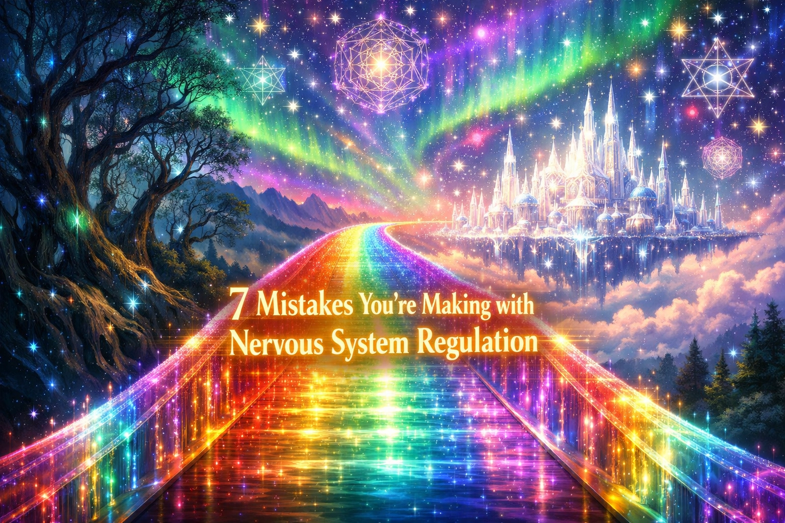 Light bridge from a dark forest to a crystalline city, symbolizing the path to nervous system regulation.