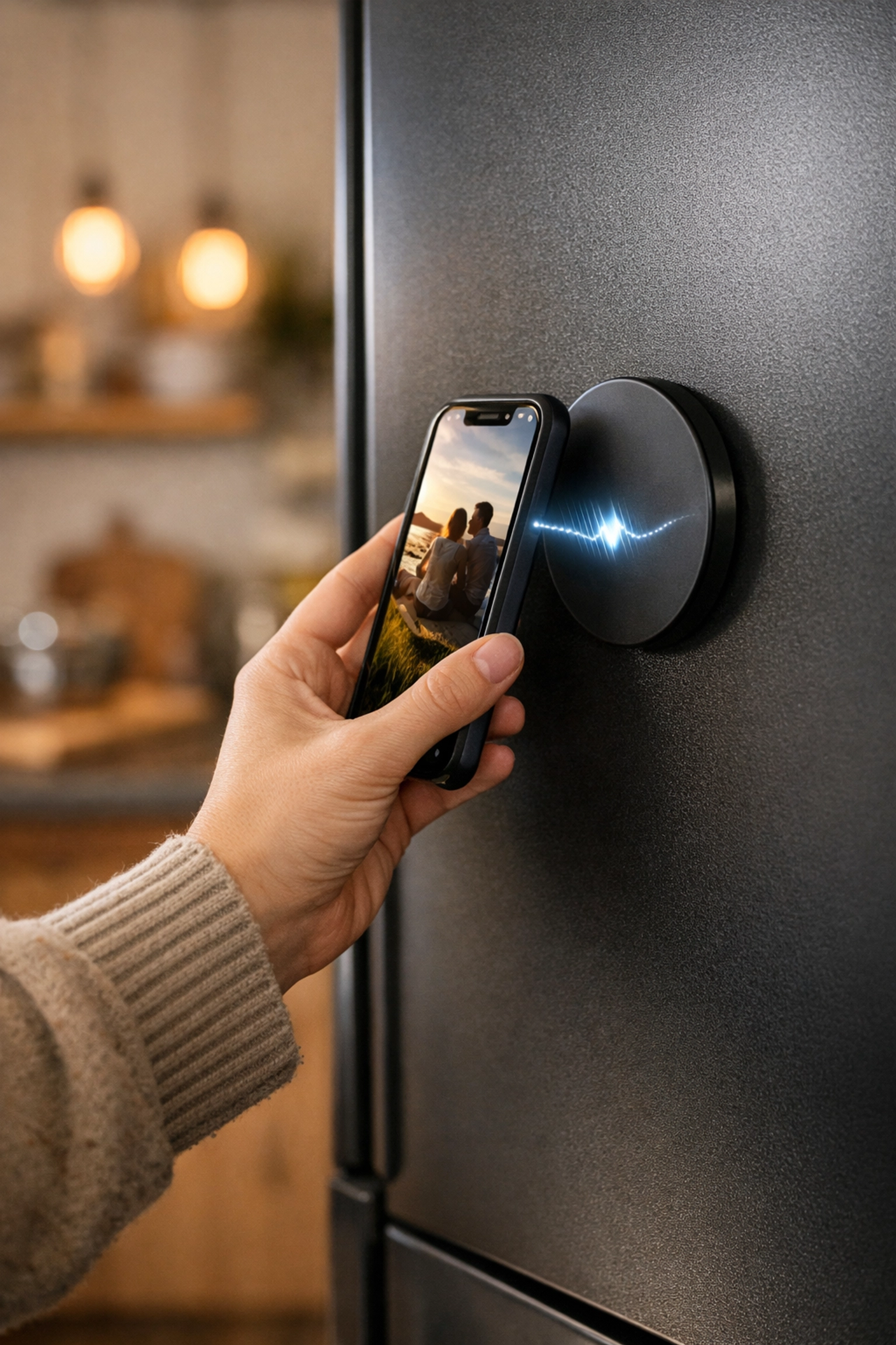 A smartphone tapping a custom music fridge magnet to instantly play a personalized track in a kitchen.