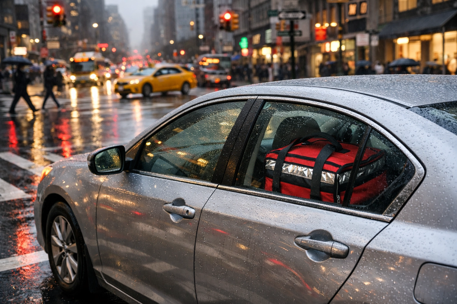 Food delivery bag inside a car in urban traffic, representing restaurant liability and commercial auto needs.
