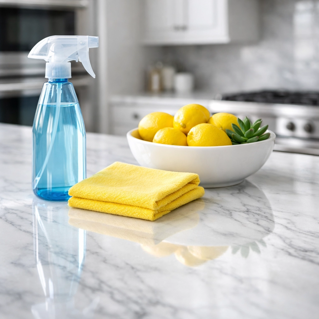 Eco-friendly products on a polished kitchen island showing the results of bi weekly house cleaning.