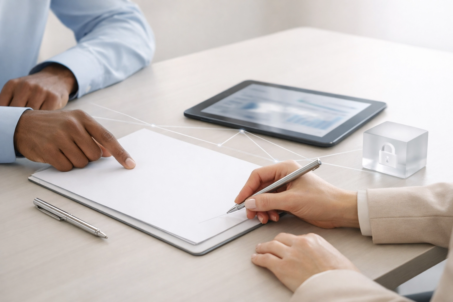 Professionals signing a BAA contract to maintain HIPAA compliance and data security in digital marketing.