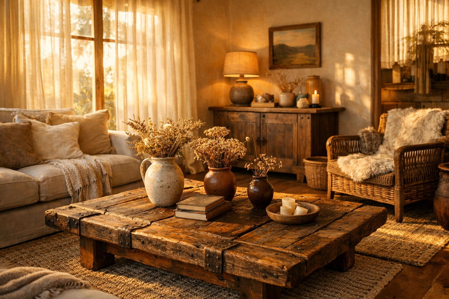 A sustainable living room featuring a reclaimed door coffee table and artisan handcrafted home accessories.