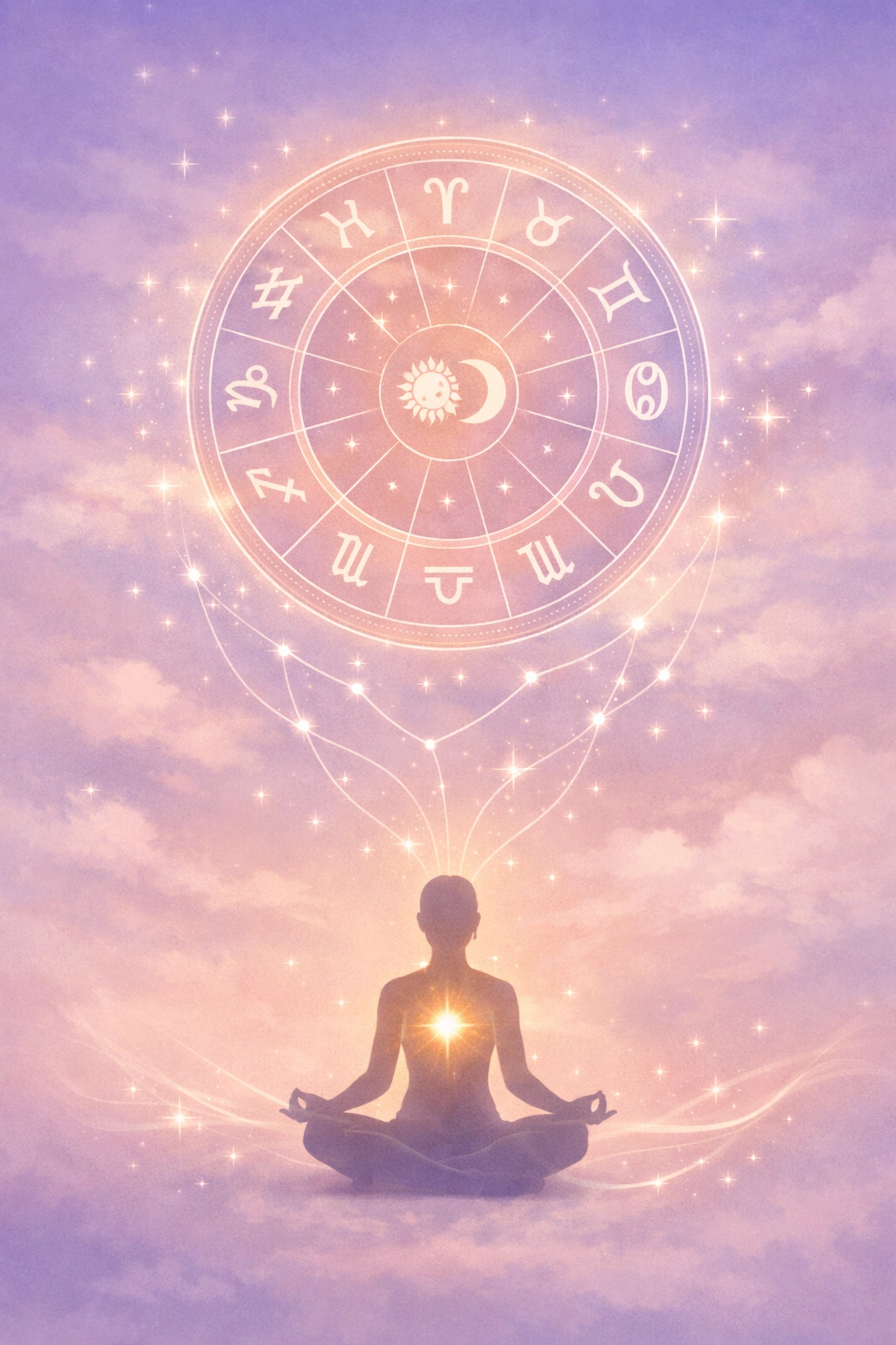 Birth chart wheel with meditating figure representing astrology and shadow work integration