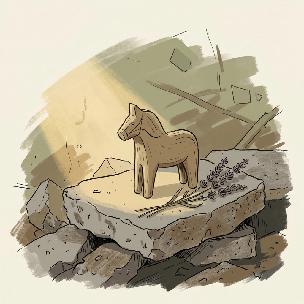 A carved wooden horse and lavender rest on rubble, representing fragile hope and hidden love in LGBTQ historical romance.