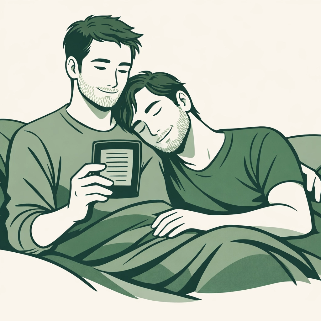 A gay couple relaxes together reading an LGBTQ+ eBook, illustrating a peaceful moment of MM romantic fiction.